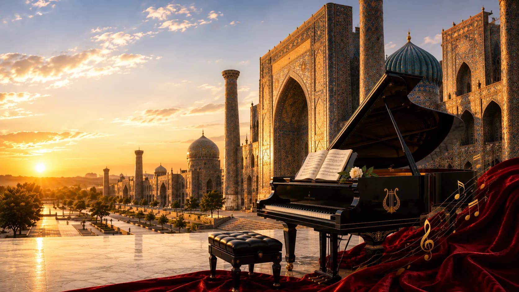Samarqanddagi Registon maydoni kunbotarda, oltin mikrofon va qizil ipak matoda musiqa notalari bilan